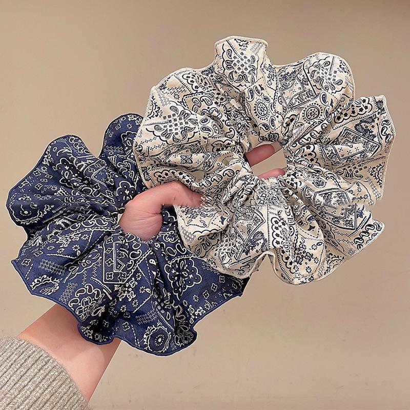 Fabric retro literary printing large intestine hair band fashionable versatile design hair rope large tied hair lazy hair accessories