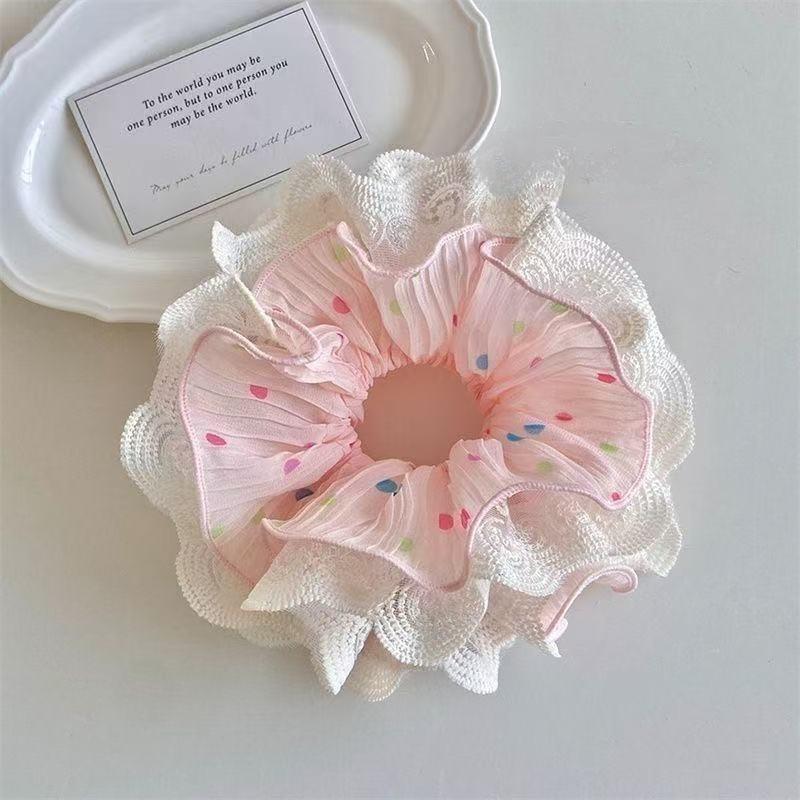 Vibrant Spring Polka Dot Pleated Lace Hair Tie