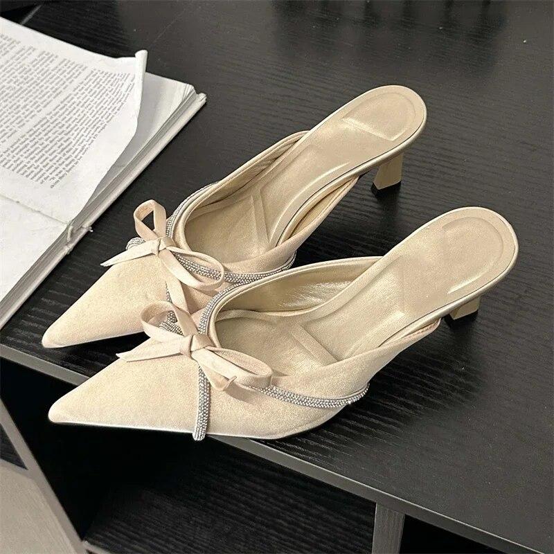 Eilyken Butterfly-knot Woman Slippers Pumps Design Style Low Heels Ladies Pointed Toe Shoes Mules Crystal Slides