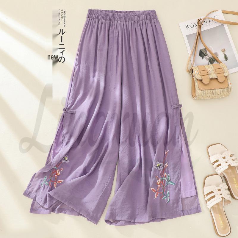 

Chinese Style Embroidered Wide-Leg Pants: Retro, Artistic, Lightweight, Summer 2XL фіолетовий