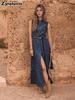 Blue Sleeveless Vest with Waist Tie Design Imitation Denim Material Long Dress