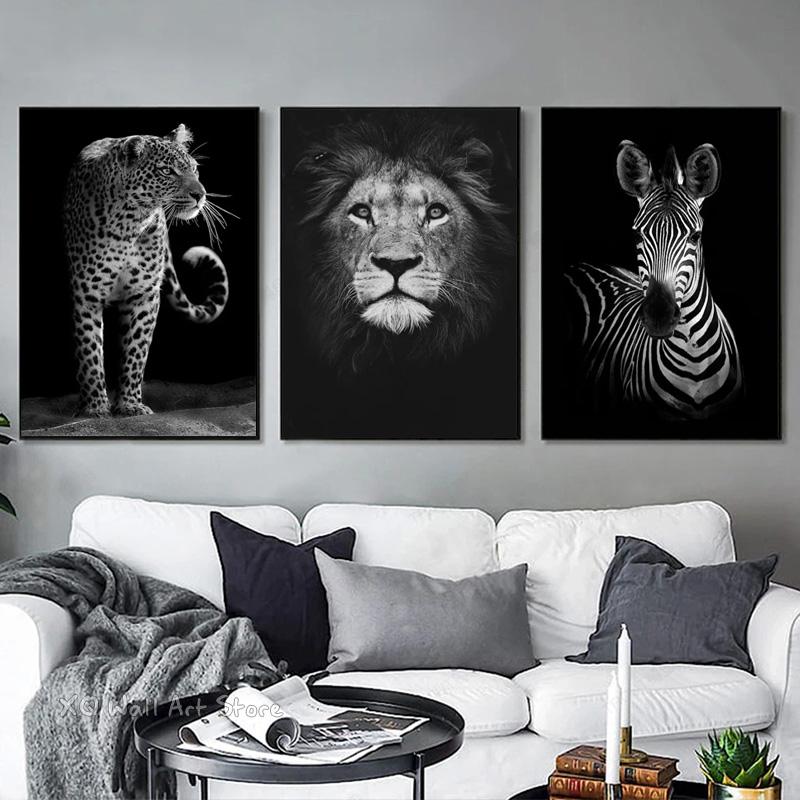 Black White Animals Art Canvas Paintings On The Wall Lion Tiger Elephant Posters and Prints Wall For Living Room Home Frameless