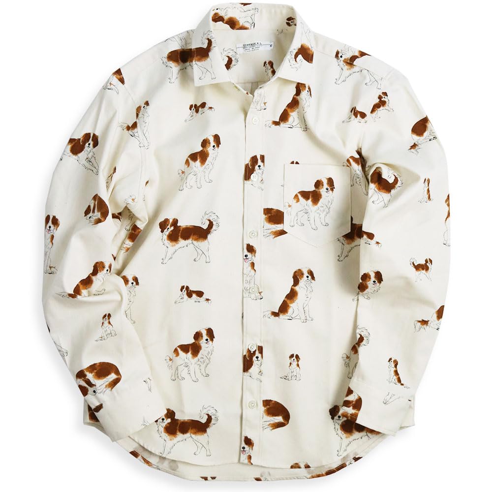 

Quintet Kooikerhondje Kooiker Patterned Long Sleeve Shirt with Dutch Coy Spaniel Dog Made in VINTAGE 10 Shirt, Men s Print, Japan, EL, 11-70176 (L,