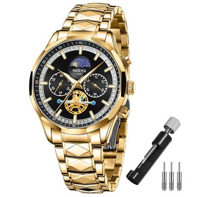 NIBOSI Business Big Brand Metal Stainless Watch for Men Men's Wristwatch, Chronograph, Face, Name, Stylish, Casual, Band, Steel, Analog, Skeleton,
