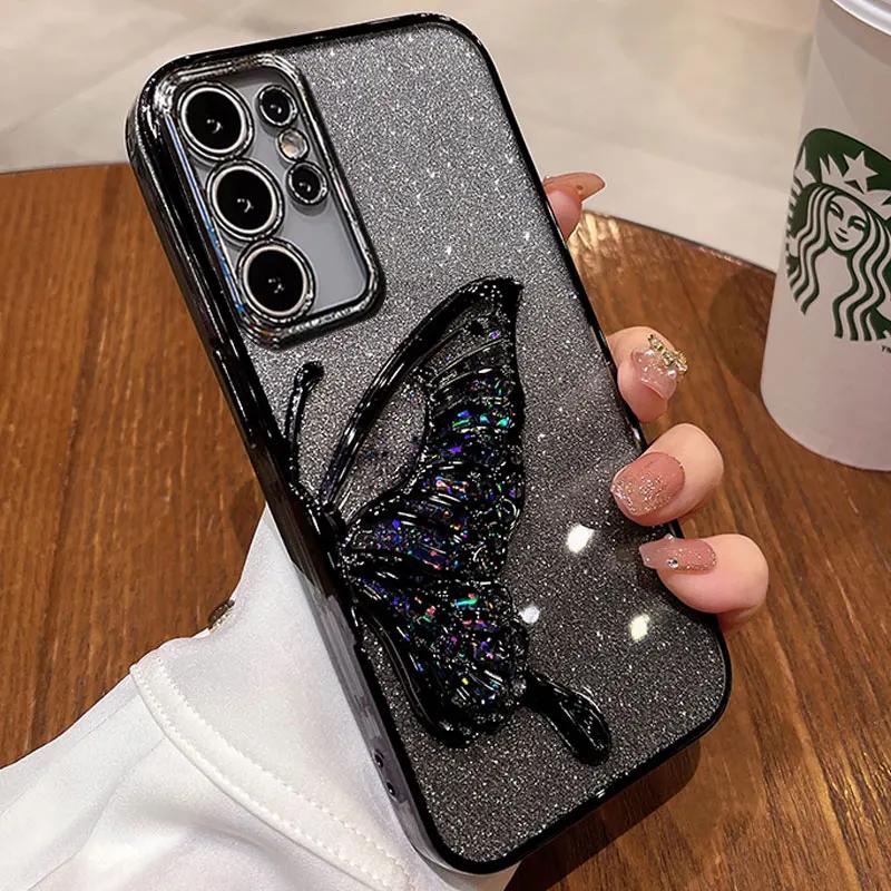 Husă S24FE S25 Ultra Husă de lux cu sclipici lichid cu fluturi pentru Samsung Galaxy S23 Plus S24 Ultra A05S A15 A24 A55 A25