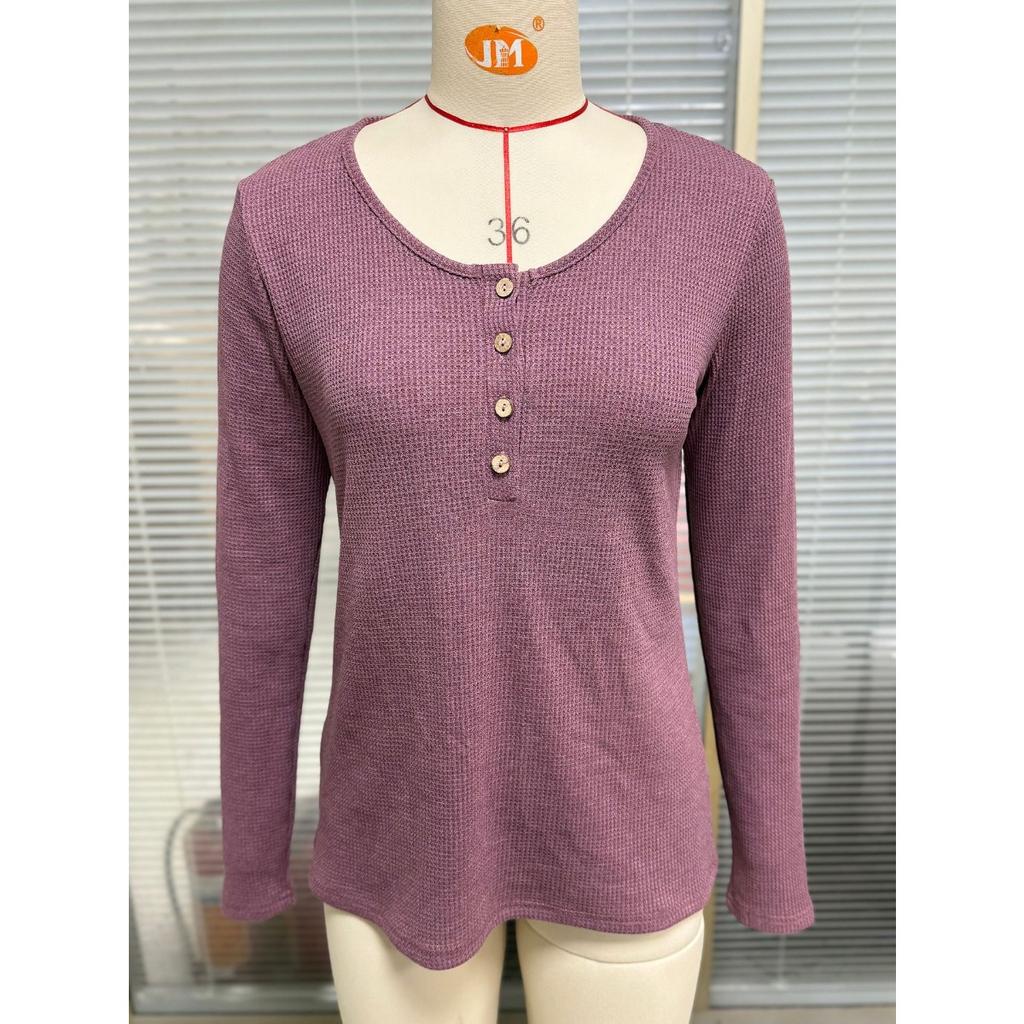 Fall Winter New Women's Solid Color Crew Neck Buttoned Loose Long Sleeve T-shirt Top Leisure Trade Europe America