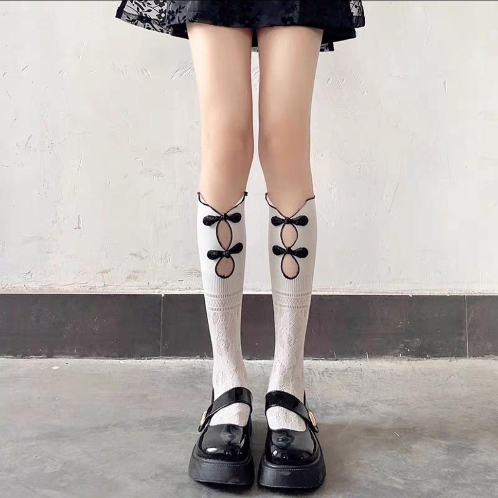 Y2K Sweet-Spicy Girl Socks | Retro Chessboard Button Hollow Lace Calf Knee-High Socks