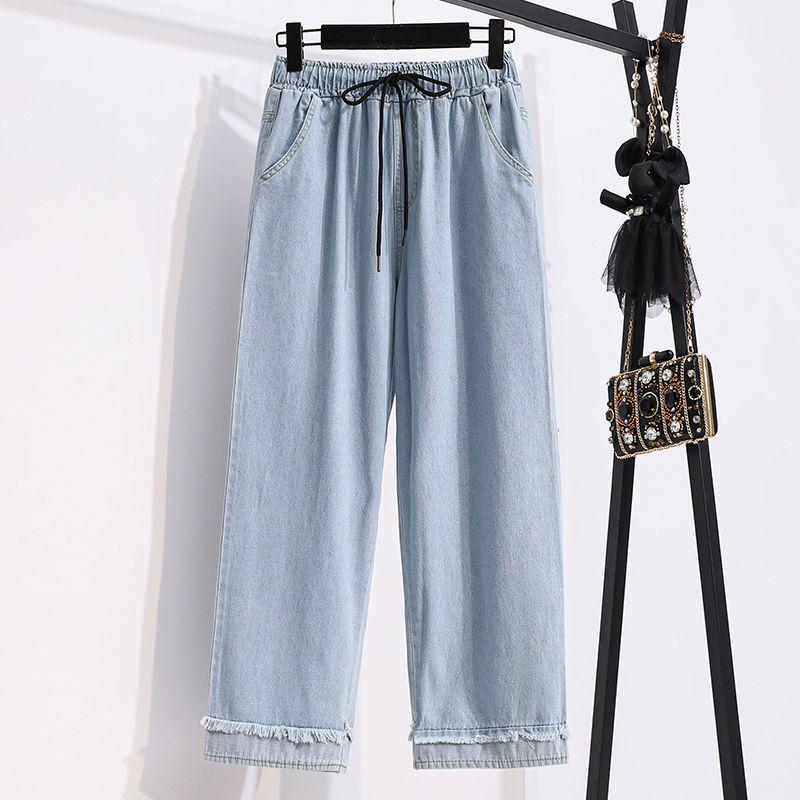 

Summer Korean Style Plus Size Wide-Leg Women s Jeans - High-Waisted, Elastic Waist, Cuffed Loose Fit S світло-синій колір