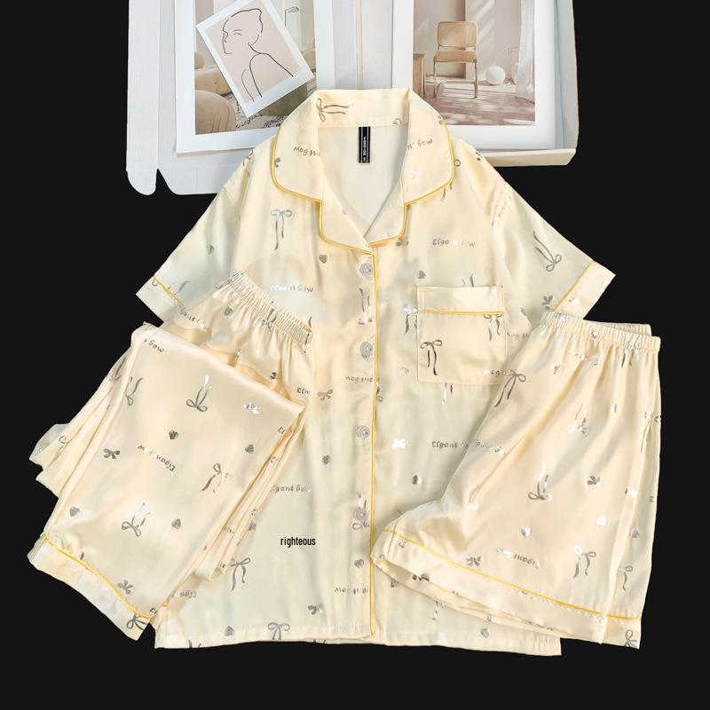 Women's Ice Silk Pajama Set: Built-in Bra, Silver Cinnamon Dog & Cat Top, Shorts & Long Pants