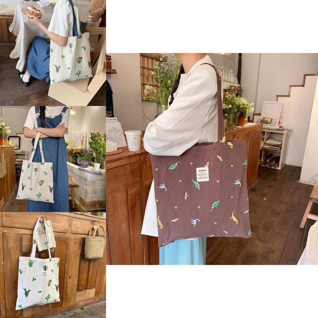 Stylish Large Capacity Canvas Tote Bag With Embroidered Cactus For School And Daily Use