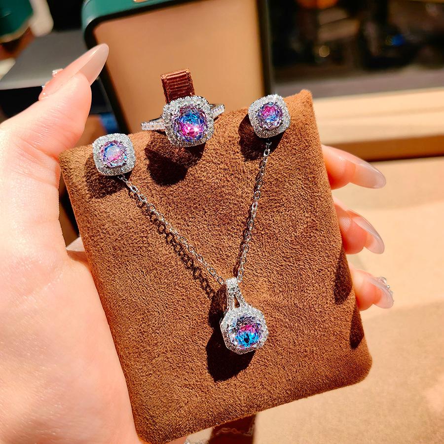 Fashion Square Bag Octagonal Rose Cut Pendant Necklace Colorful Diamond Ring Aquamarine Earrings Pink Diamond Treasure Suit Women