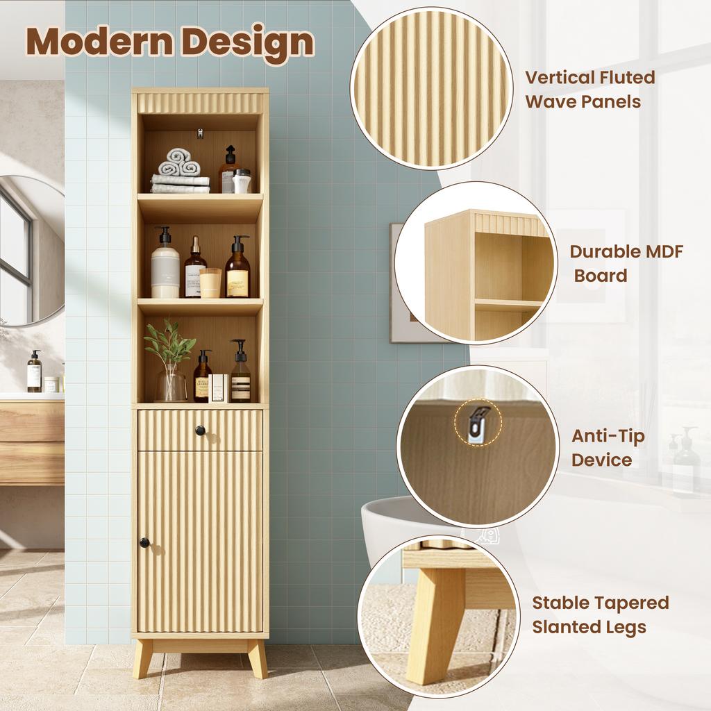 Tall Freestanding Bathroom Cabinet, Vertically Fluted Fronts, Reversible Left-Right Door, Drawer, Soft-Close Hinges, 40×36×172 Cm, Natural Wood Color