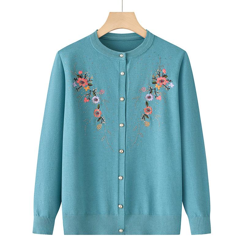 Middle-aged and Elderly Women's Embroidery Knit Cardigan Jacket Single-breasted Slim Sweater Thin Spring and Autumn Grandma Clothing