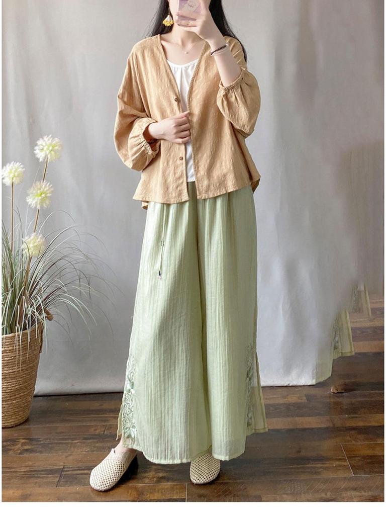 Spring/Summer Cotton Linen Jacquard Cardigan - Loose, Slim, Bat Sleeve, Sun Protection Long Sleeve Shirt