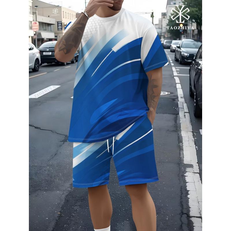 Men s blue and white gradient geometric print crew neck T-shirt and shorts two-piece set S