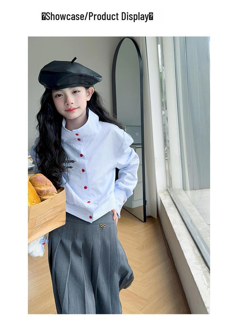 2025 Girls' Mid-Length Pleated Skirt with Bow & Metal Logo - Spring & Autumn Wear