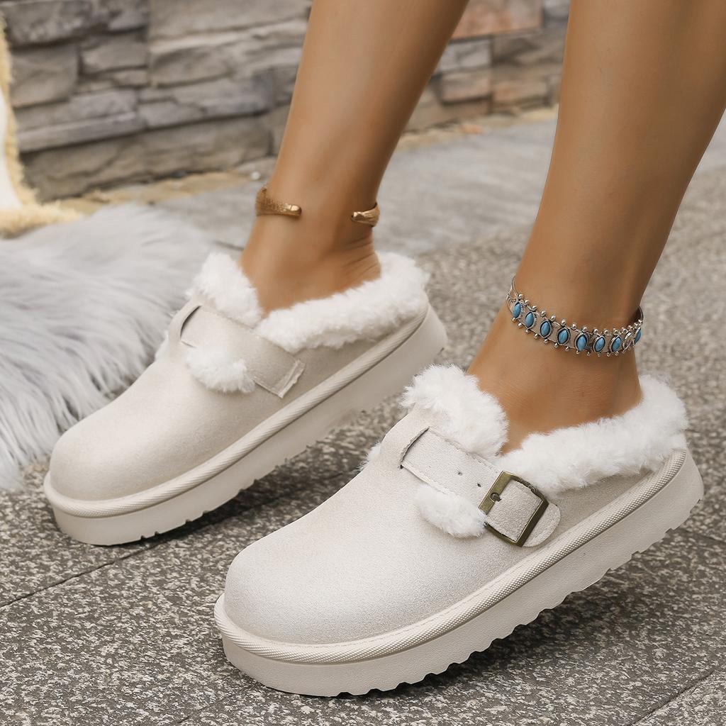 2025 Fashion Autumn Winter Plush Buckle Warm Cotton Slippers Casual Large New Hair Half Slipper Cotton Shoes Women Snow Boots