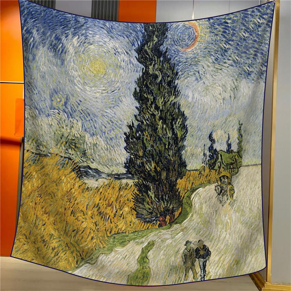 POBING Silk Cashmere Scarf Women Hand Rolled Shawls Oil Painting Square Scarves Wraps Lady Bandana Big Hijabs Female Foulards