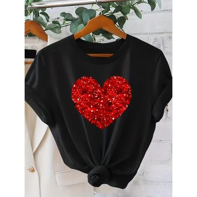 Rozmiar europejski Elegancka Vintage Czerwona Sequin Serce Nadruk Uroczy T-shirt | Okrągły Dekolt, Wygodny Krój, Idealny na Walentynki, Codzienne Noszenie przez Cały Rok