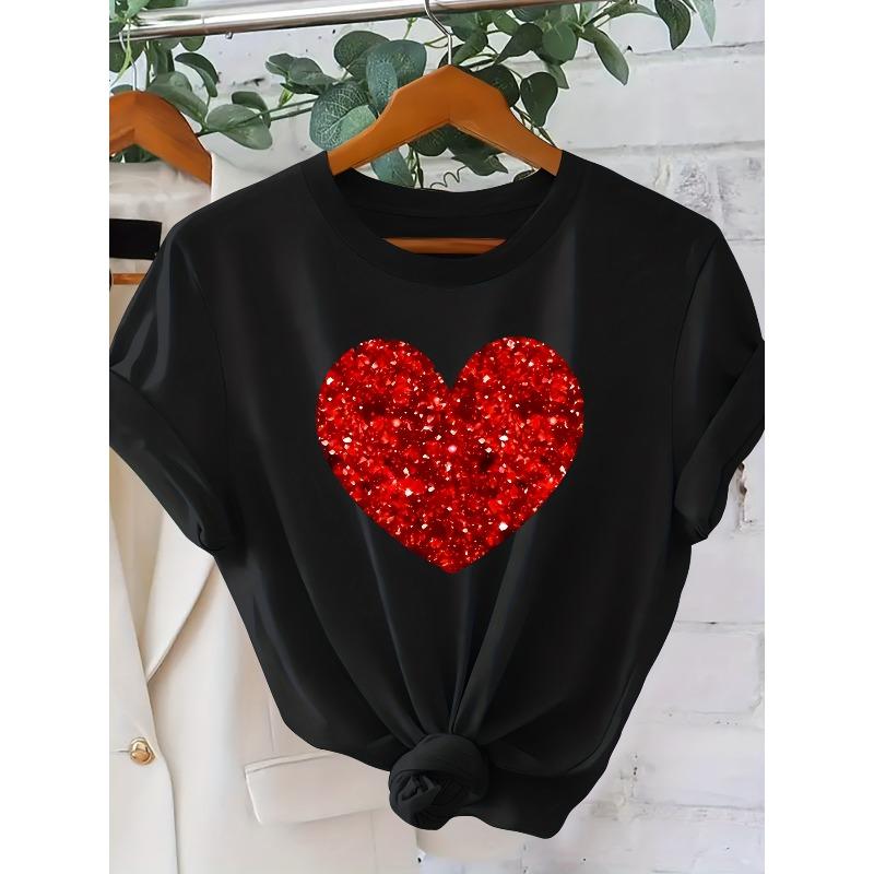 

European size Elegant Vintage Red Sequin Heart Print Cute T-Shirt | Crew Neck, Comfortable Fit, Ideal for Valentine S Day, Casual All-Season Wear 4XL чорний