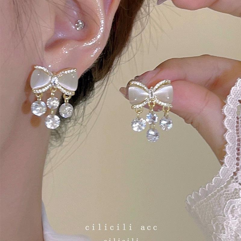 2025 Trendy Korean Micro-Inlaid Zircon Bow Earrings with S925 Silver Needle and Pearl for Women