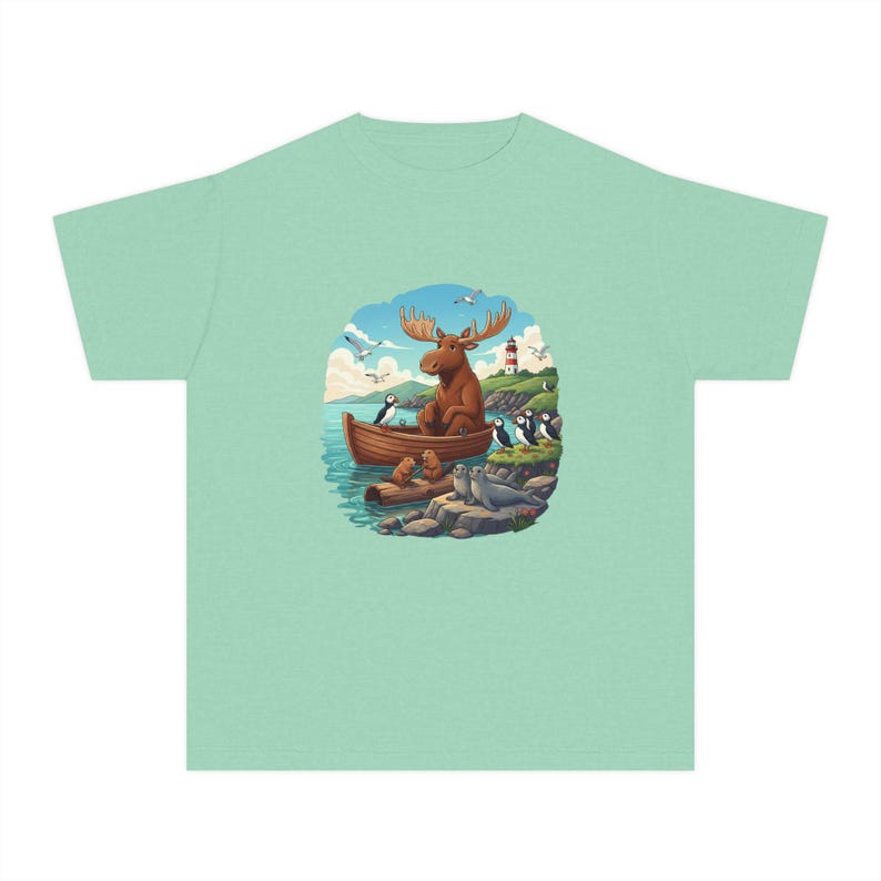 Moose in a dory Newfoundland themed Youth Midweight Tee 150