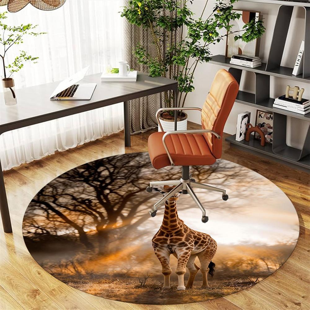 1pc Giraffe Savannah Round Chair Mat Office Area Rug - Non-Slip, Floor Mat for Office, Bedroom, and Indoor Decor P127038