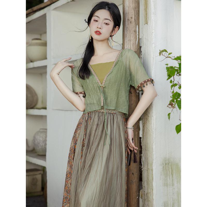 Chinesisches Sommer-Hanfu-Kleid für Damen: 3-teiliges Zen-Tee-Set