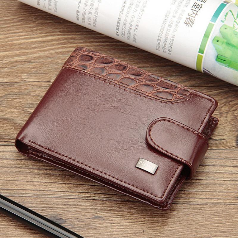 Men's small card bag buckle short money ticket clip splicing change bag horizontal leather wallet, men