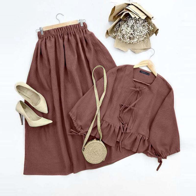 

ZANZEA Женские летние комплекты с круглым вырезом, длинным рукавом, завязкой, блузкой и юбкой А-силуэта ржавый