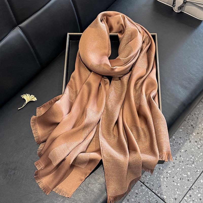 Scarf for Women New Style Elegant and Versatile Printed Long Scarf  Imitation Silk Scarf  Double-sided Gold Wire Sunscreen Shawl
