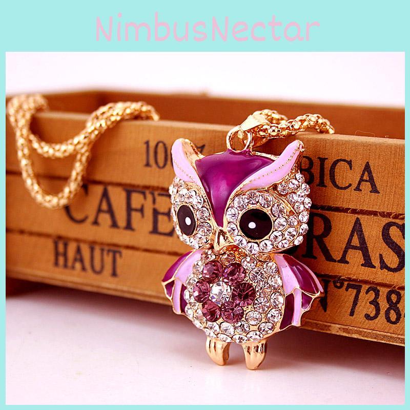 Elegant Crystal Pendant Vintage Punk Style Rhinestone Owl Long Necklace For Women