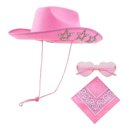 Hat Scarf Glasses Set Pink Series Felt Cowboy Hat with Feather Trim Pink Bandana Heart-Shaped Sunglasses Versatile Western Style Accessories