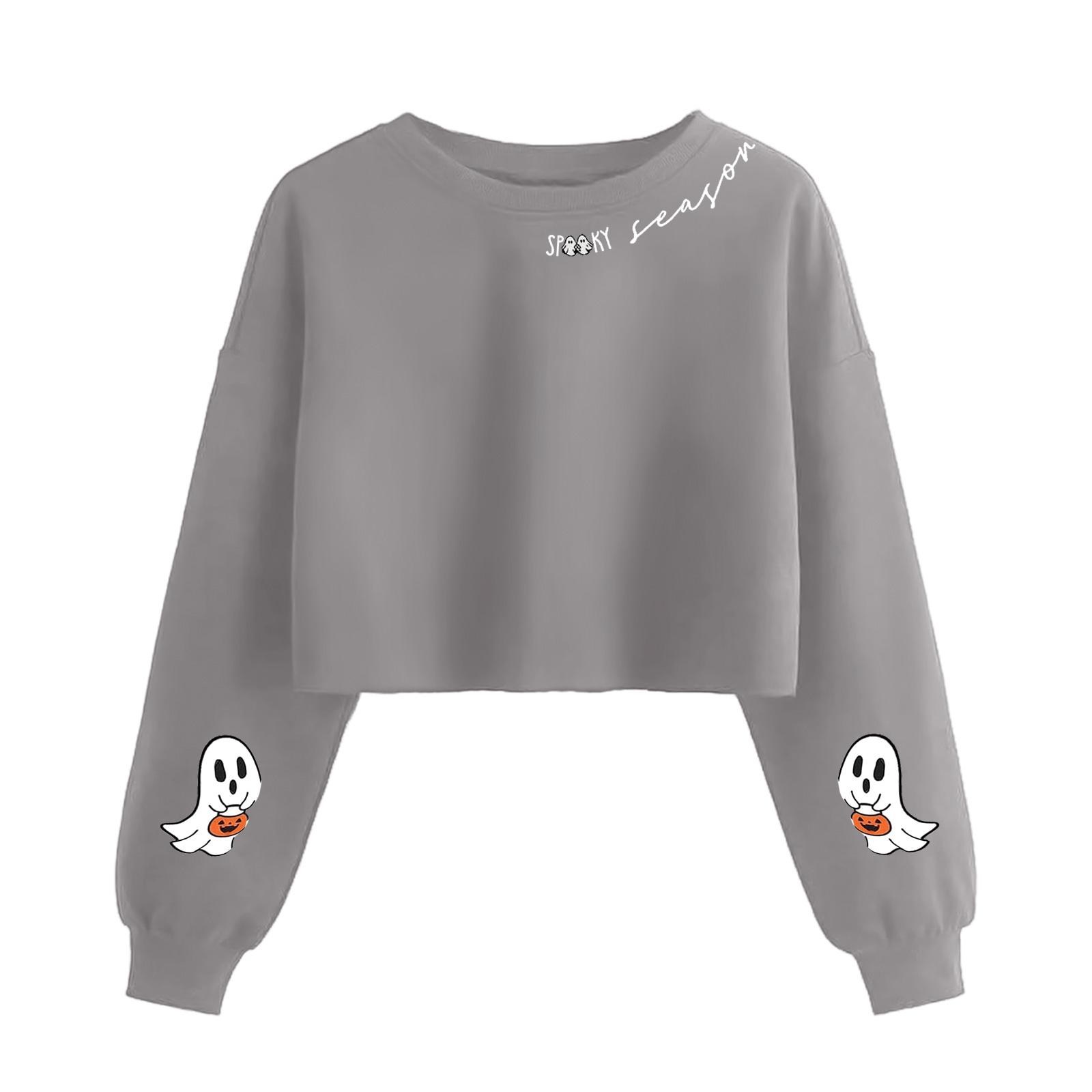 

Женский модный пуловер с длинными рукавами и жутким принтом на Хэллоуин, открывающий живот M