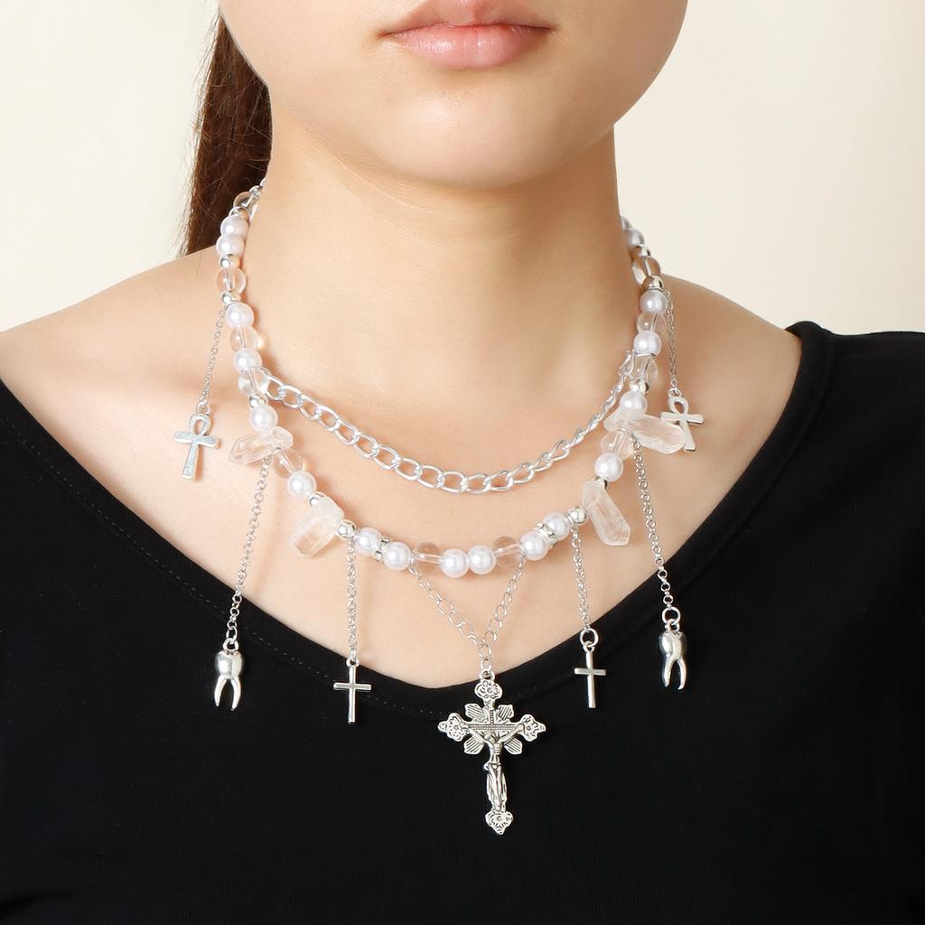 Gothic Cross Necklace Chain Simulation Pearl Beaded Layered Accessories
