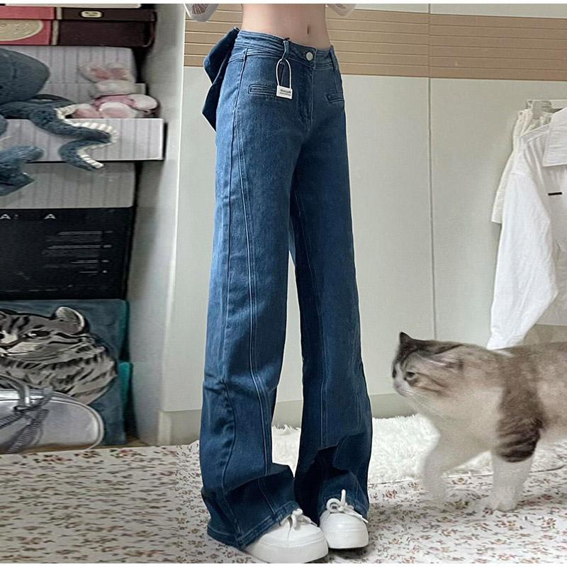 Trendy Women's Fashion Back Bow Design Jeans High Waisted Straight Leg Denim Pants 2025 Spring New Arrival Female Solid Color Jean