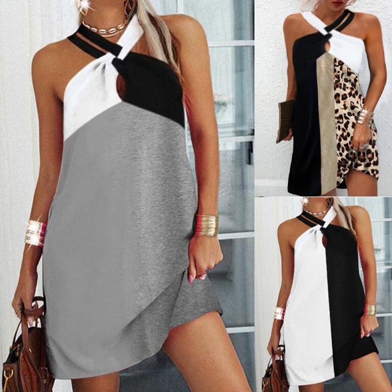 Sexy mini šaty s halter výstřihem a leopardí patchworkovou potiskem, letní bez rukávů, plážové ležérní šaty, plus size, volná dámská tunika