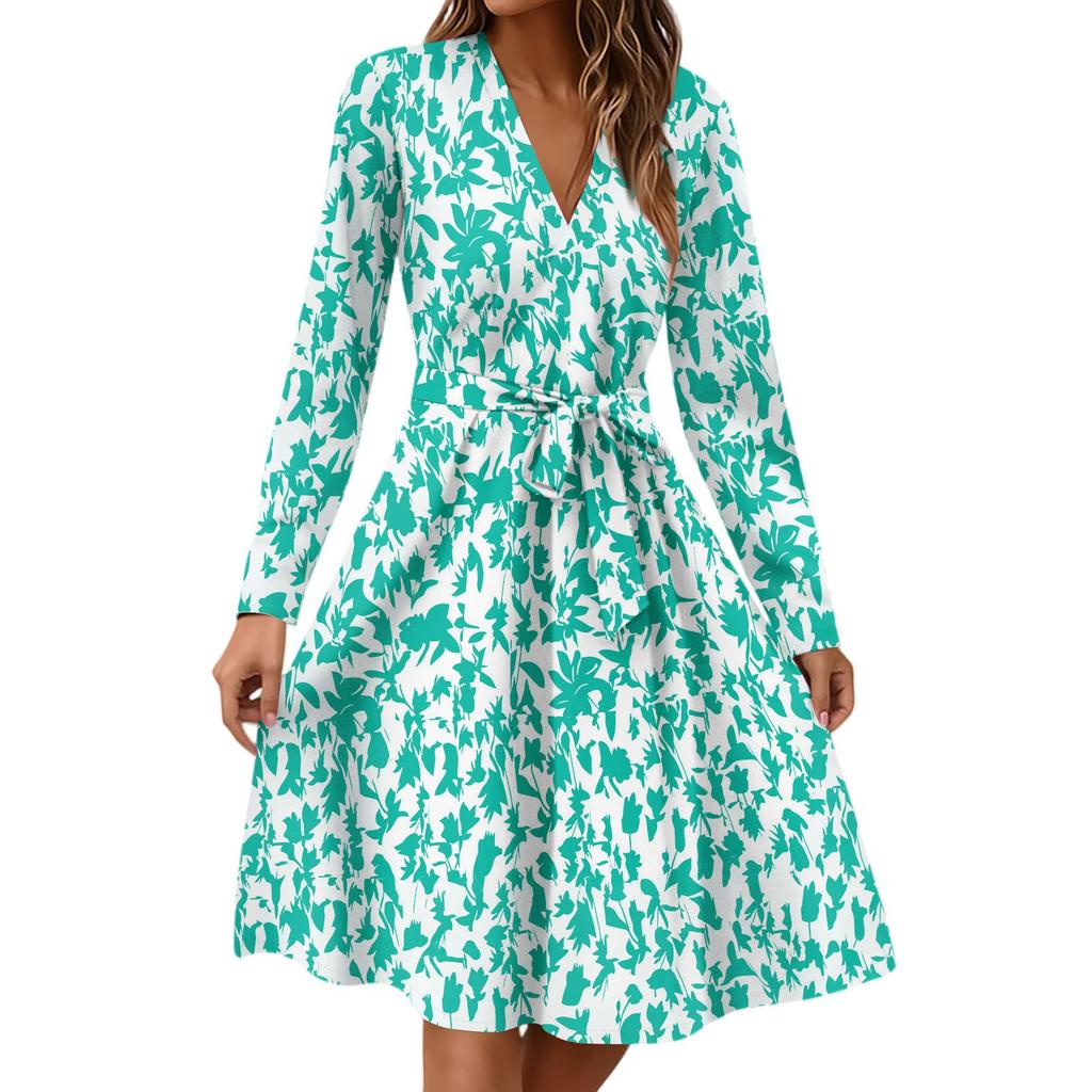 Women's Fashion Casual V-Neck Long Sleeve Waist Floral Print Midi Dress