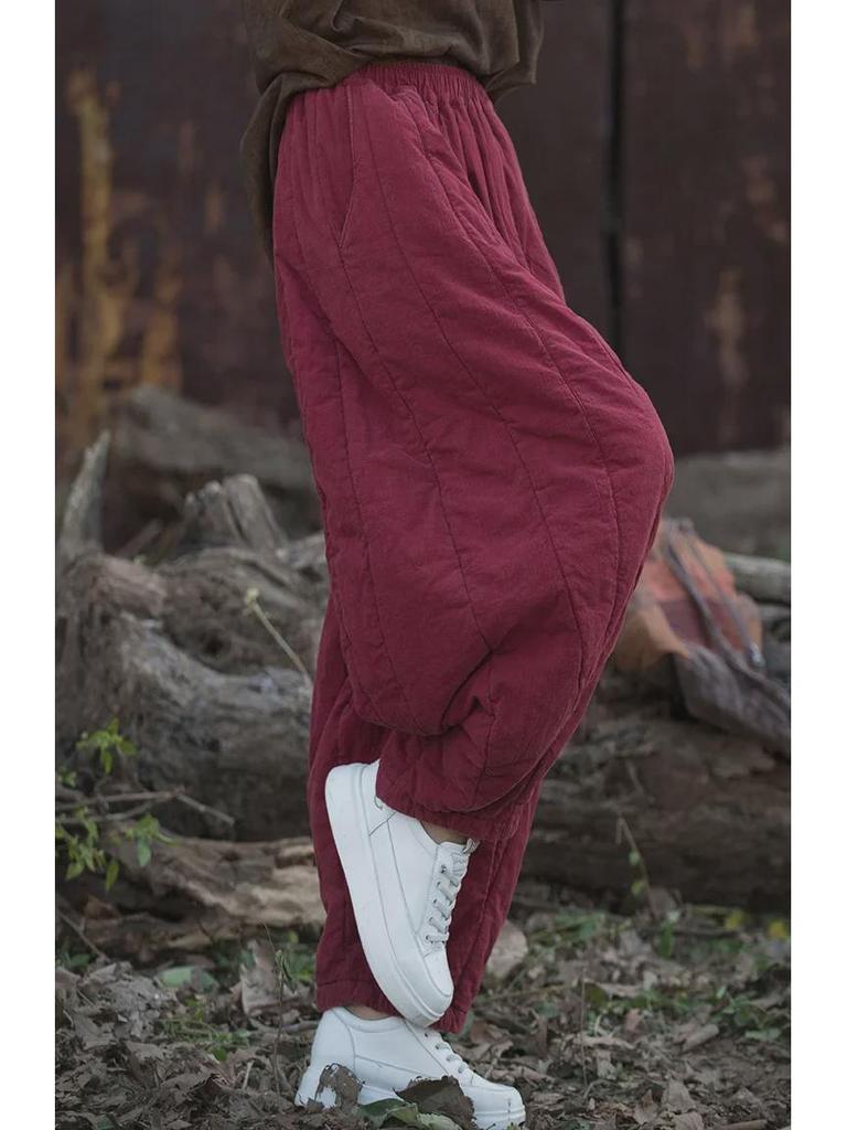 Women's Quilted Cotton-Linen Bloomers: Warm, Loose Carrot Pants for Autumn/Winter