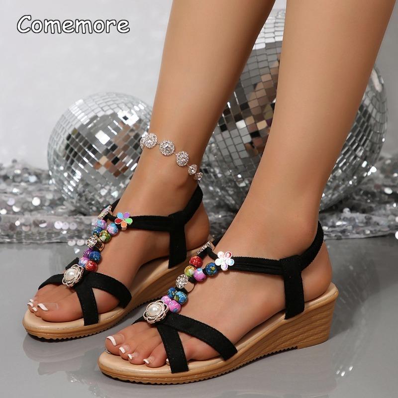 Fashion Fashion String Beaded Wedge Sandals for Women Summer 2025 Bohemian Style Beach Shoes Woman Elastic Band Slip On Roman Sandalias