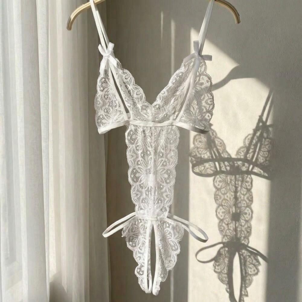 Deep V Neck Lace Bow Bodysuit Transparent Lace Sling Nightwear Sweet Women Lingerie  Ladies