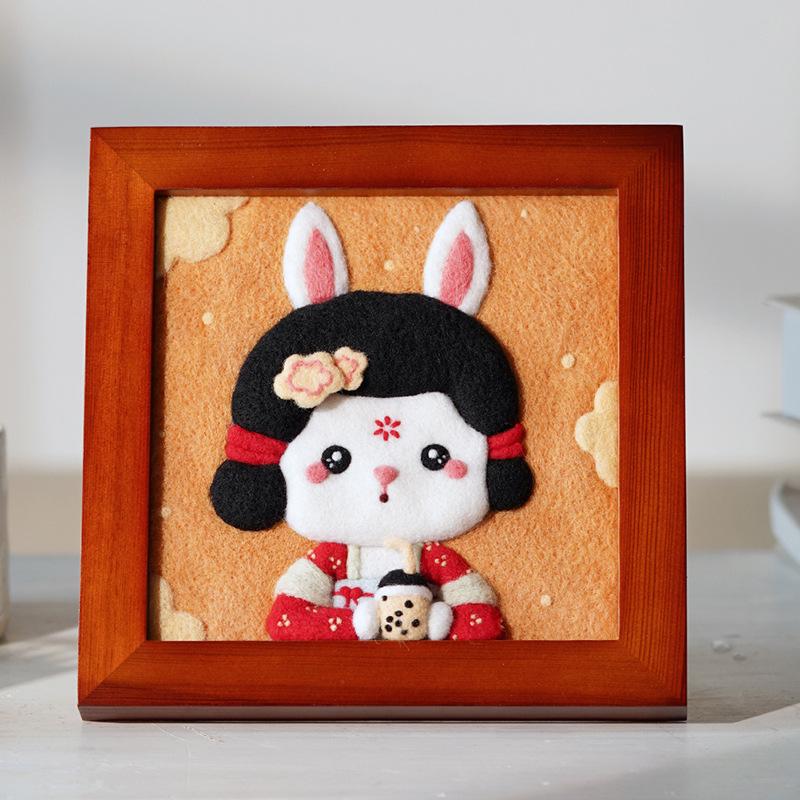 DIY  Felt Bunny Frame Kit - Creative Birthday Gift Handmade Craft Decor Cute Cartoon Rabbit Statue Wool Creative Gift & Healing Home Decor Craft Set