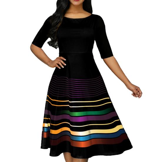 

Платье миди с круглым вырезом и половиной рукавов, большой подол, платье трапециевидной формы в радужную полоску с принтом, женская одежда 4XL