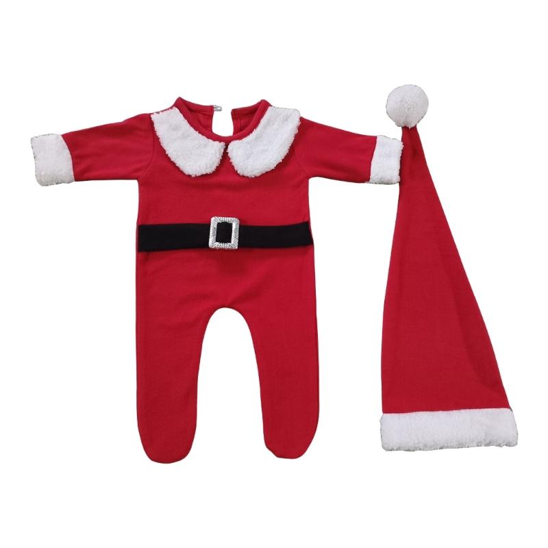 

0-1Month Baby Photo Outfit Christmas Jumpsuit Santa Hat Newborn Photography Costume Set Infant Photoshooting Suit 2pcs 1