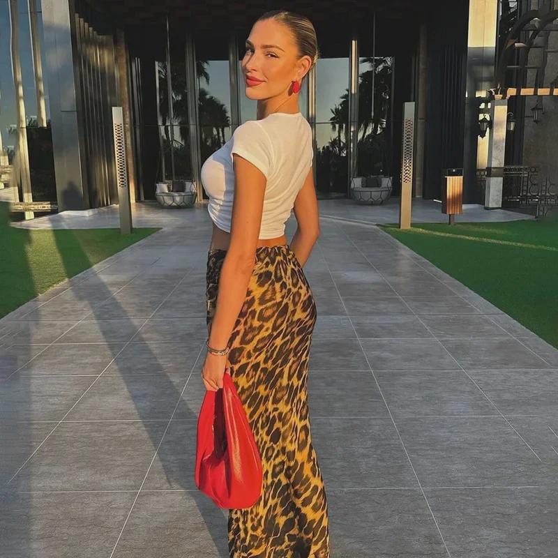 Leopard Print Mesh Low-Waist Fishtail Skirt for Women