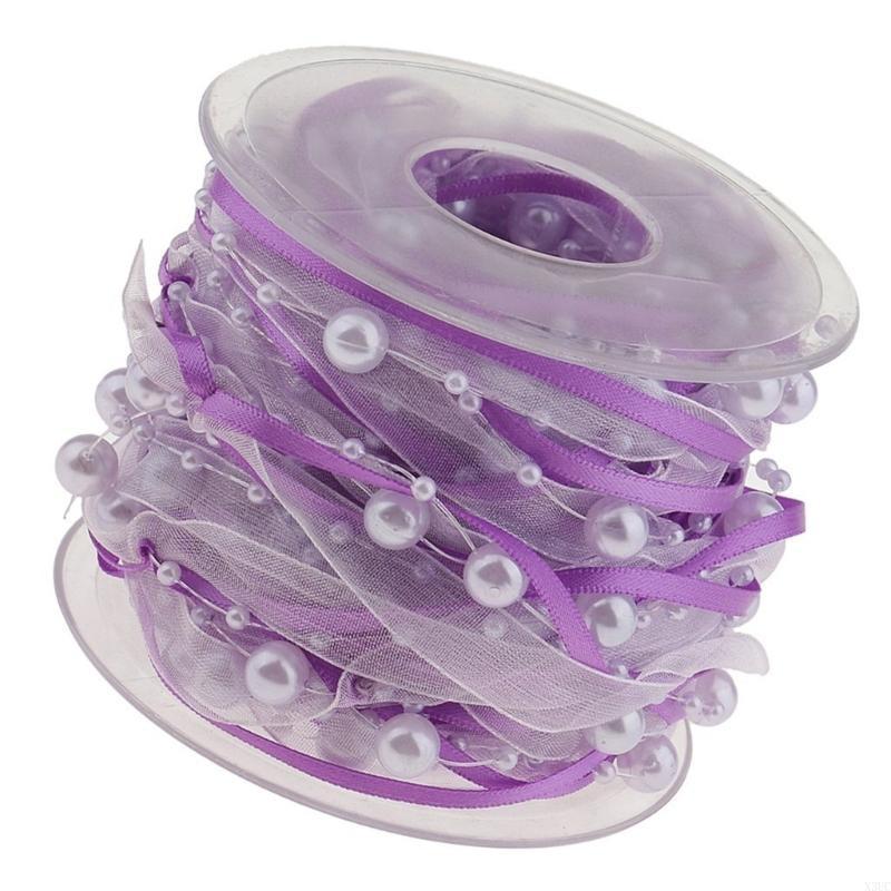 Multipurpose 10m Length White Organza Ribbon with Pearls Detail Accessory for Festival and Artistics Creation 10mm X3UC