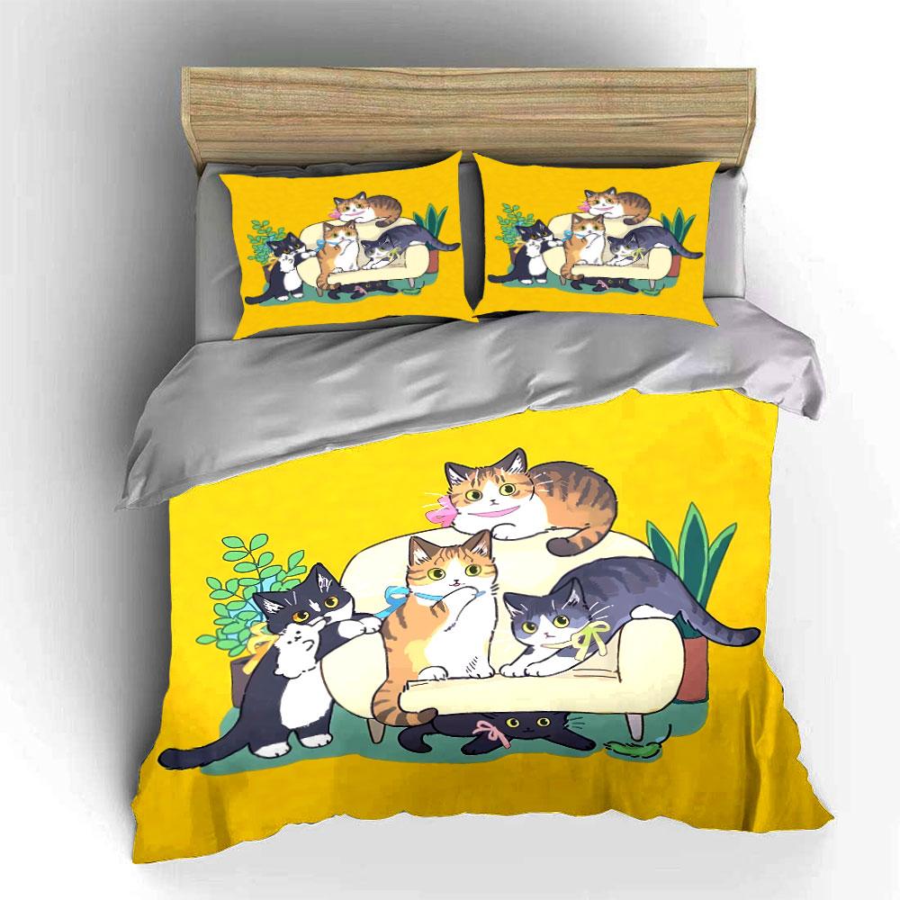 Playful Cats on Yellow Background Bedding Duvet Cover Set Duvet Cover Pillowcases  (1*Duvet Cover 2*Pillowcases, without duvet insert)