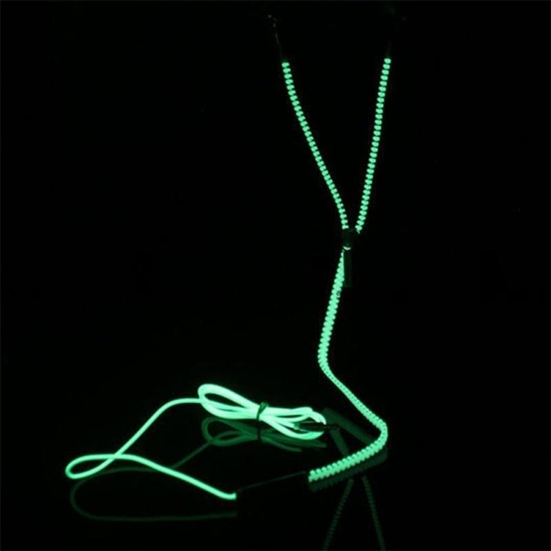 3.5mm Glow In The Dark Earphones Glow Earbuds Metal Zipper Glowing Headset Luminous Light Stereo Han