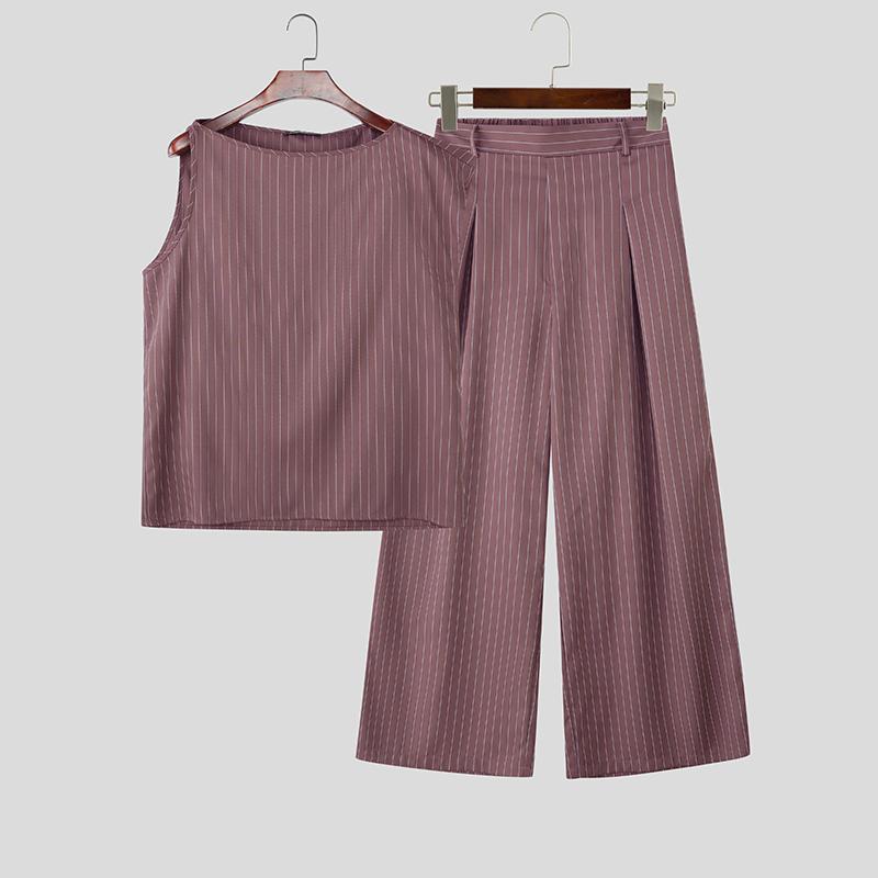 INCERUN Two Pieces Sets Men Casual Sleeveless Striped Tank Tops and Long Pants Trousers Outfits