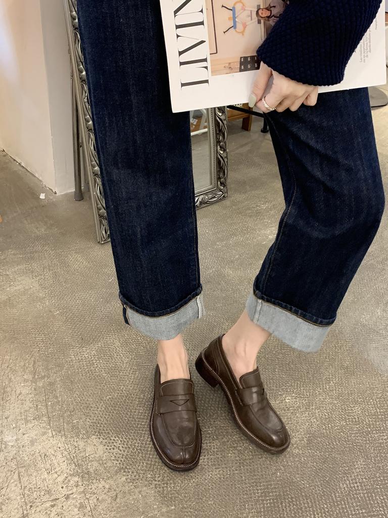 Cowhide Version~ Grape Mother Same Leather Round Head Lazy One Pedal Thick-soled British Style Versatile Loafer Leather Shoes Women